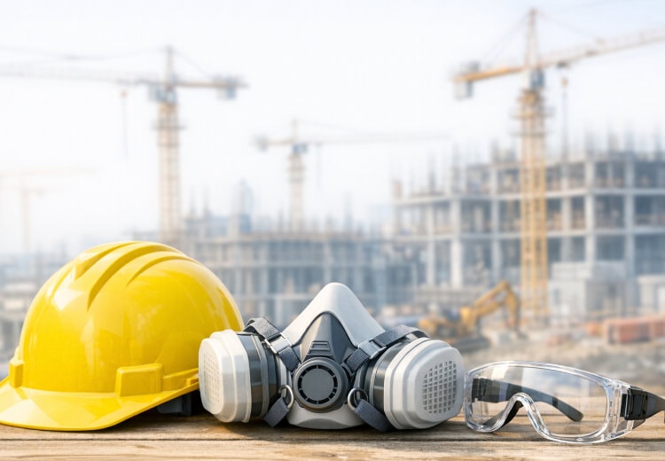 Schutzhelm, Atemschutzmaske, Schutzbrille auf einer Baustelle