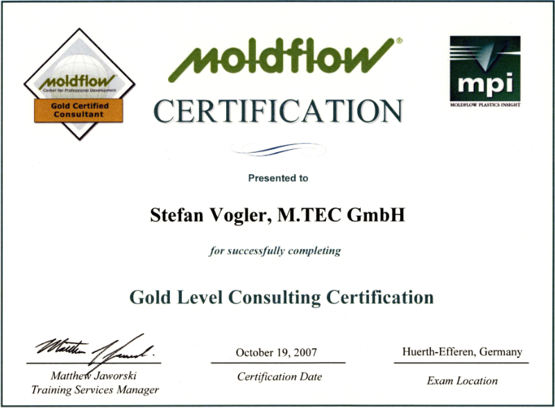 Urkunde Moldflow Gold Level Consulting Certification für Stefan Vogler, M.TEC GmbH